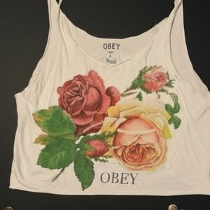 Obey White Tank Top with Pink & Yellow Rose Graphic